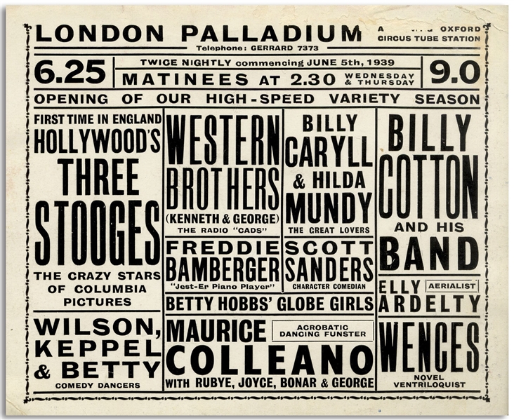 Promotional Card From the London Palladium, Featuring The Three Stooges Show on 5 June 1939 -- Measures 6.5'' x 5.25'' -- Very Good Condition